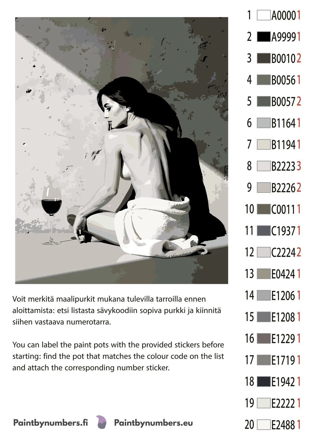 Paint by numbers color chart - Woman with Towel and Wine - väriluettelo ja ohjeet