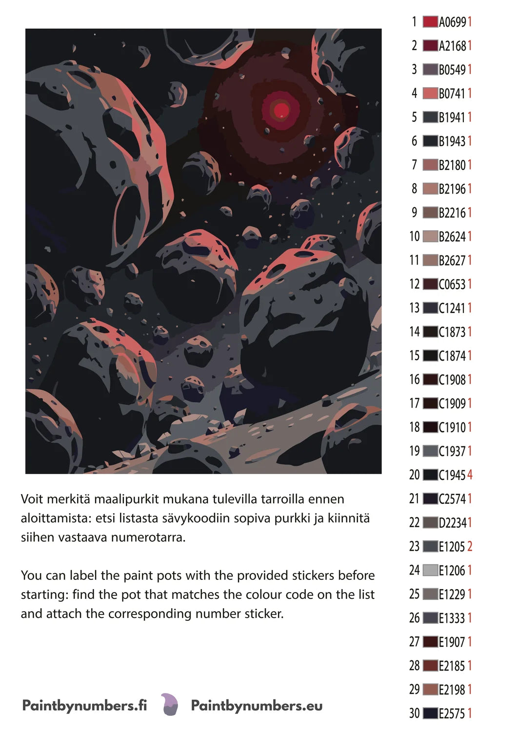 Paint by numbers color chart - Asteroids in Space Scene - väriluettelo ja ohjeet