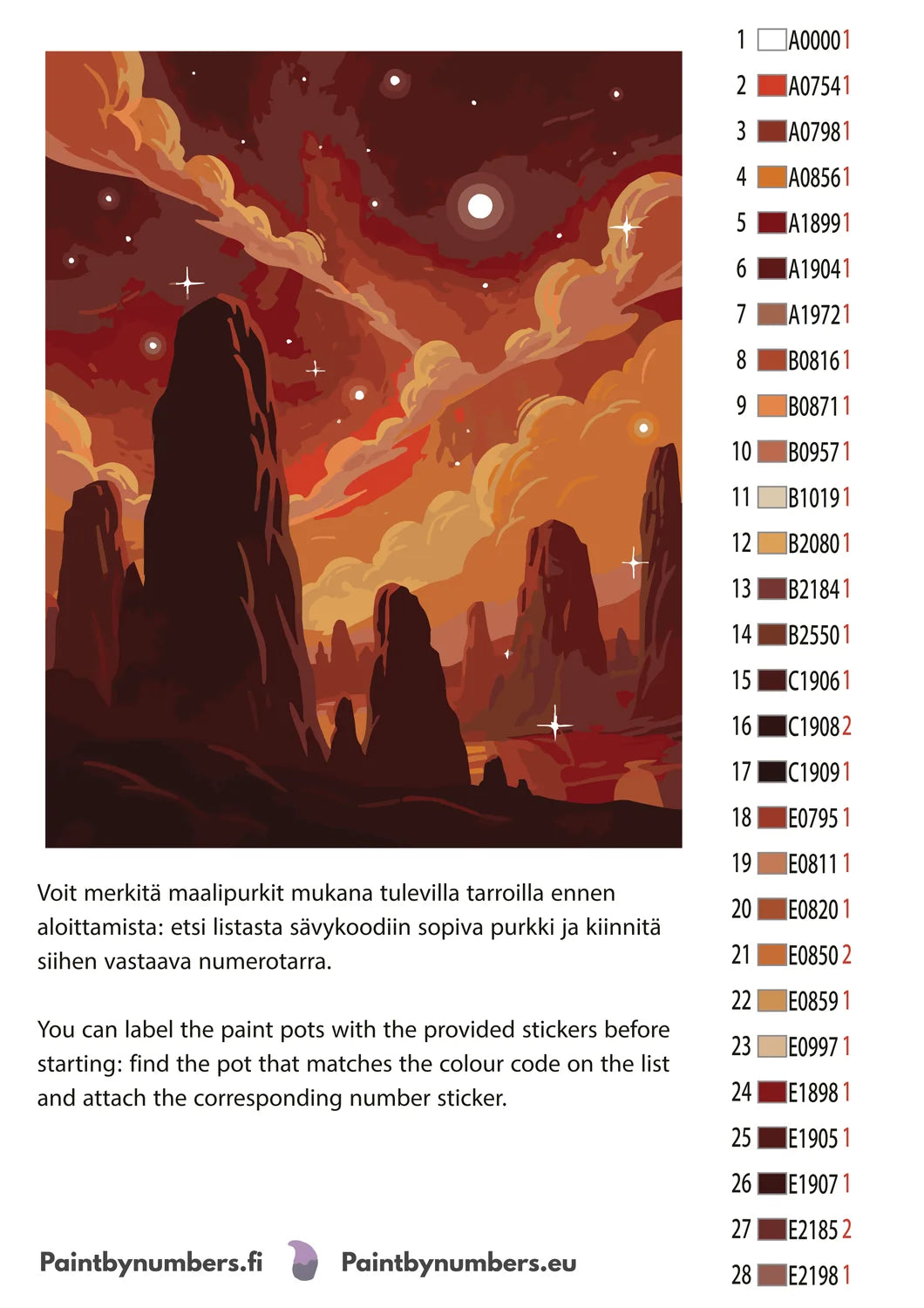 Paint by numbers color chart - Red Rock Landscape Night - väriluettelo ja ohjeet