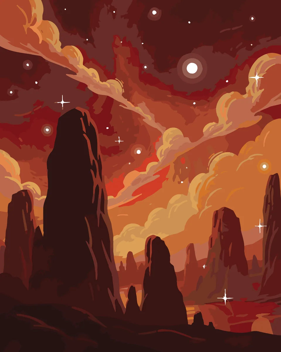 Punainen kalliomaisema yö numeromaalaus