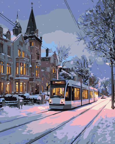 Talvinen raitiovaunu lumisella kadulla