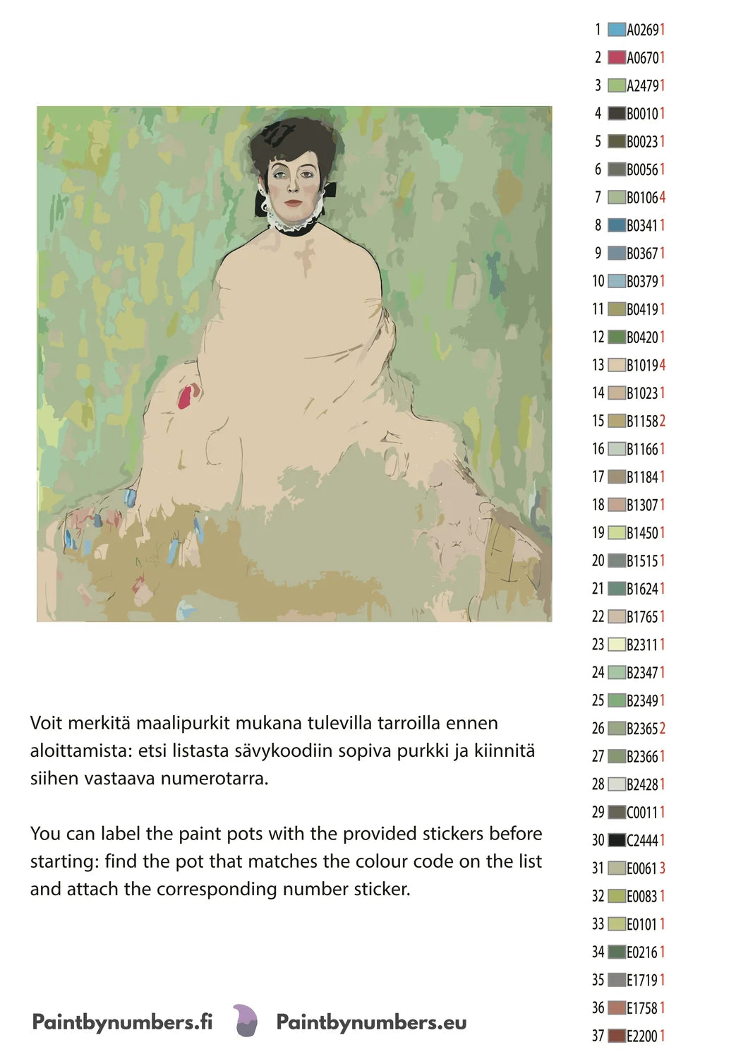 Paint by numbers color chart - Amalie Zuckerkandl - väriluettelo ja ohjeet