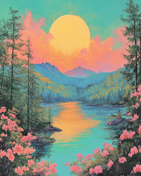 Thumbnail for Auringonlasku vuoristojärvellä, jossa pehmeät pastellisävyt heijastuvat veden pintaan.