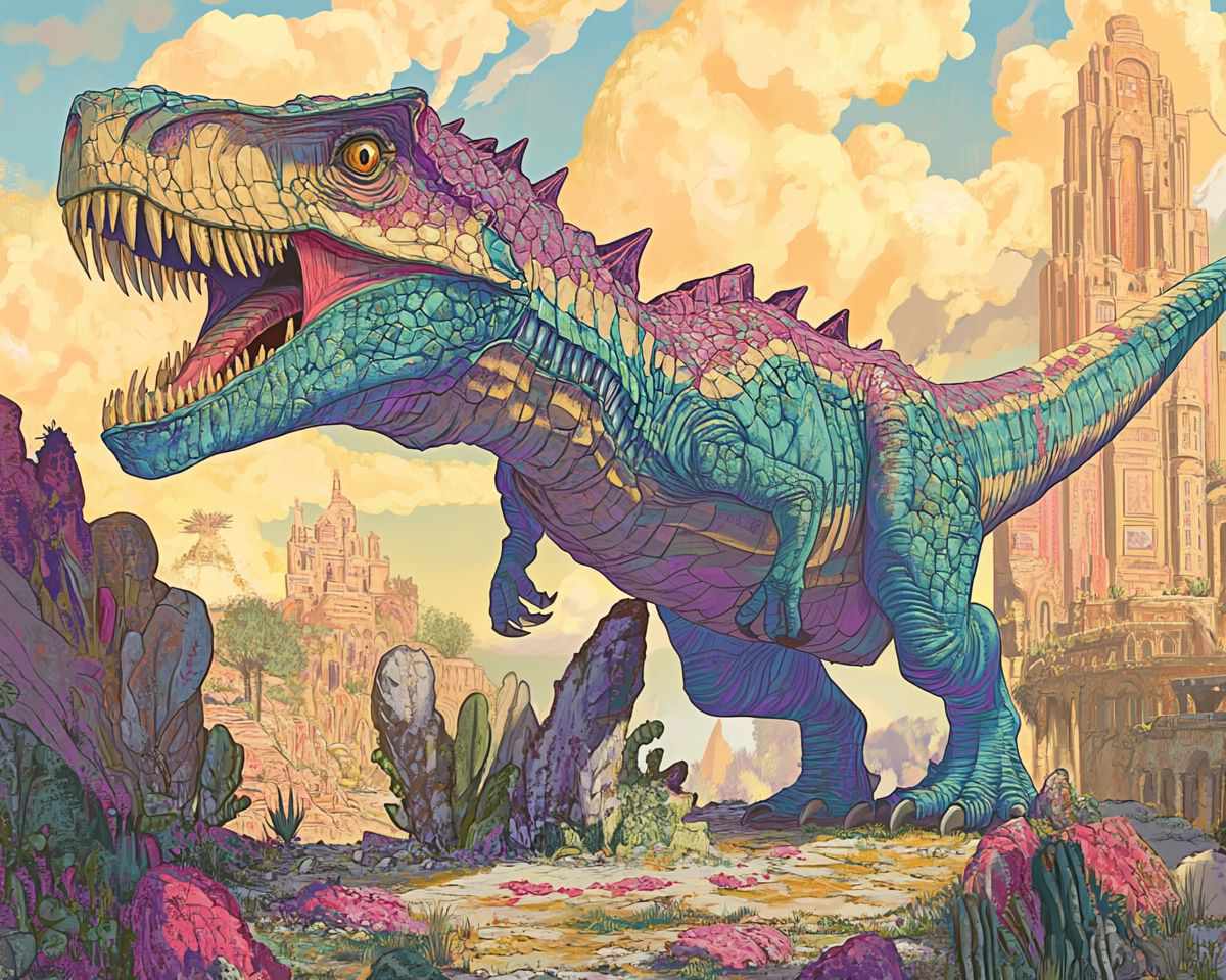 Värikäs dinosaurus seisoo majesteettisena kallioisessa maisemassa.