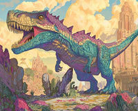 Thumbnail for Värikäs dinosaurus seisoo majesteettisena kallioisessa maisemassa.