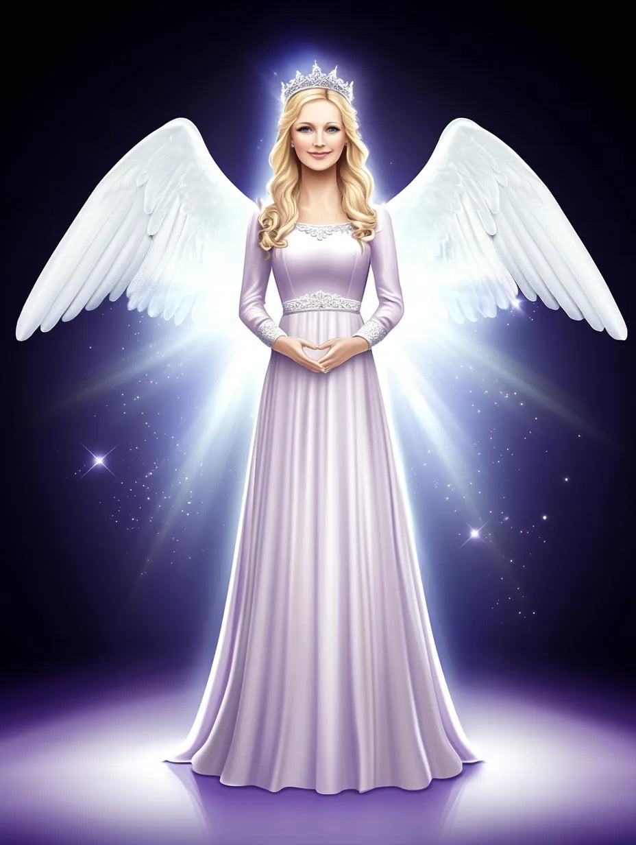 Hieno ja valkoisiin pukeutunut enkelihahmo sädehtimässä valoa ja rauhaa tumman sinistä taustaa vasten.