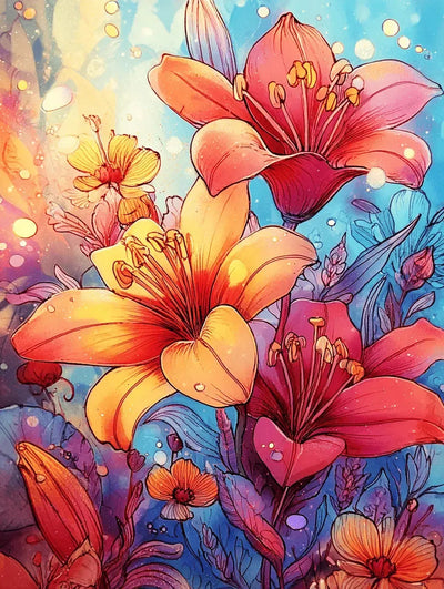 Timanttimaalaus, jossa kirkkaan oranssit ja punertavat liljat hehkuvat valoa vasten.