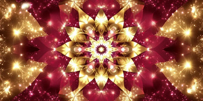 Radiant Mandala -timanttimaalaus: kultainen mandala lootuskuvioin syvällä magentataustalla