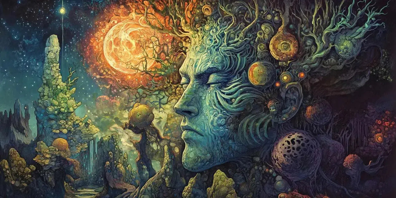 Kosminen muotokuva, jossa kasvot sulautuvat tähtitaivaaseen ja orgaanisiin muotoihin. Kuva esittää maailmankaikkeuden henkeä.