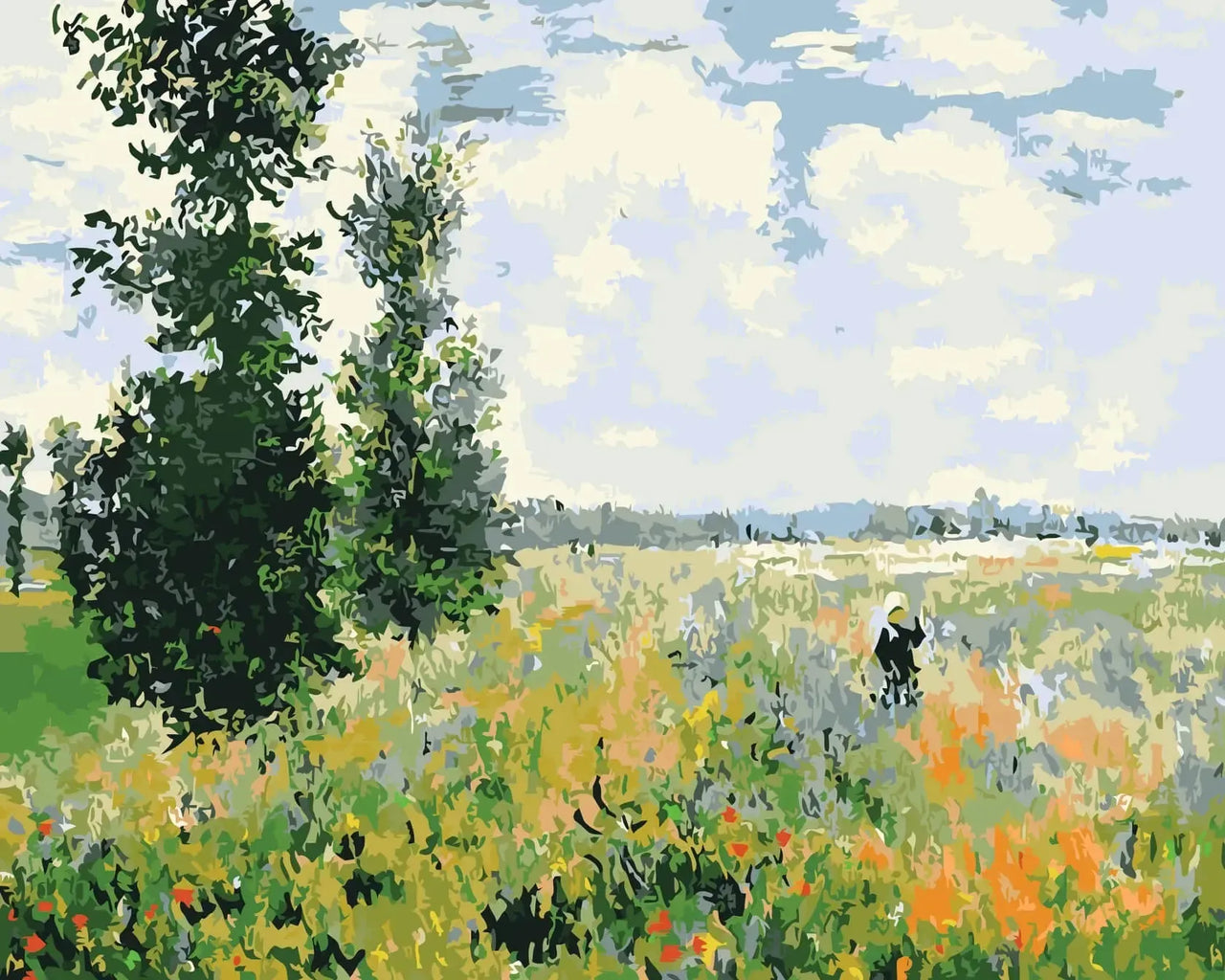 Kesäinen niitty ja sinitaivas impressionistiseen tyyliin, numeromaalaus.