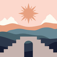 Thumbnail for Vuoristomaisema, jossa näkyy portti ja säteilevä aurinko vaaleanpunaisella taustalla.