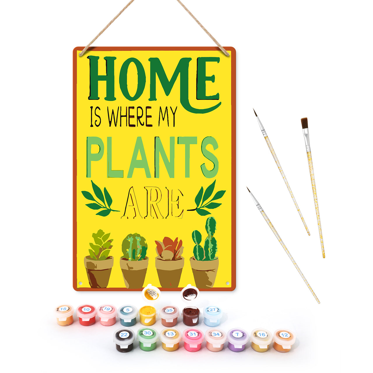 Valmis kasviaiheinen numeromaalaus "Home Is Where My Plants Are", maalattuna metallitaululle, mukana akryylimaalit, pensselit ja ripustusnaru.