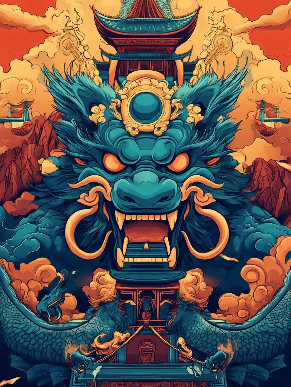 Sininen lohikäärme vartioi temppeliä, taustalla punaisen ja oranssin sävyjä.