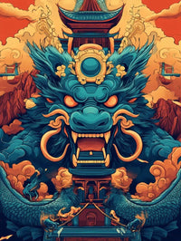 Thumbnail for Sininen lohikäärme vartioi temppeliä, taustalla punaisen ja oranssin sävyjä.