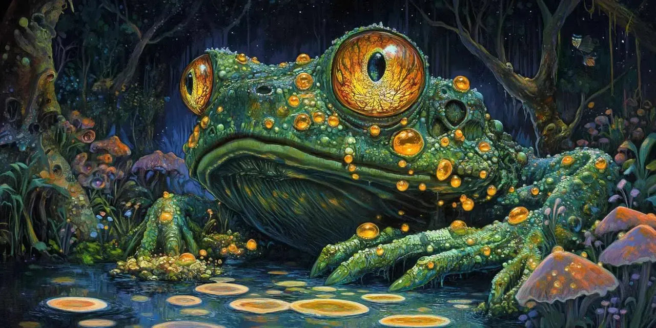 Jättimäinen sammakkohahmo, jonka vihreä iho kimaltelee kultaisena tumman metsän keskellä.