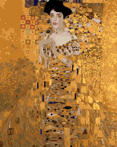 Gustav Klimtin kultainen nainen koristeellisessa asussa, numeromaalaus.