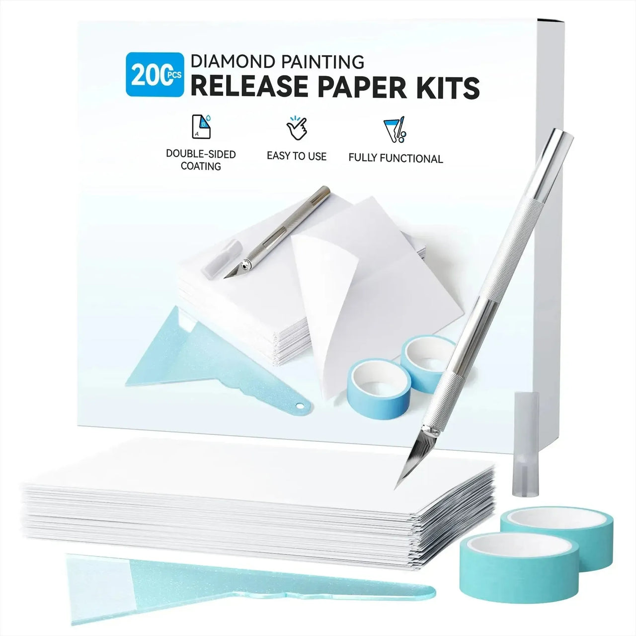 Suojapaperisetti timanttimaalaukseen. Kuvassa valkoinen paketti valkoisella taustalla jossa tulee suojapapereita sekä askarteluveitsi.