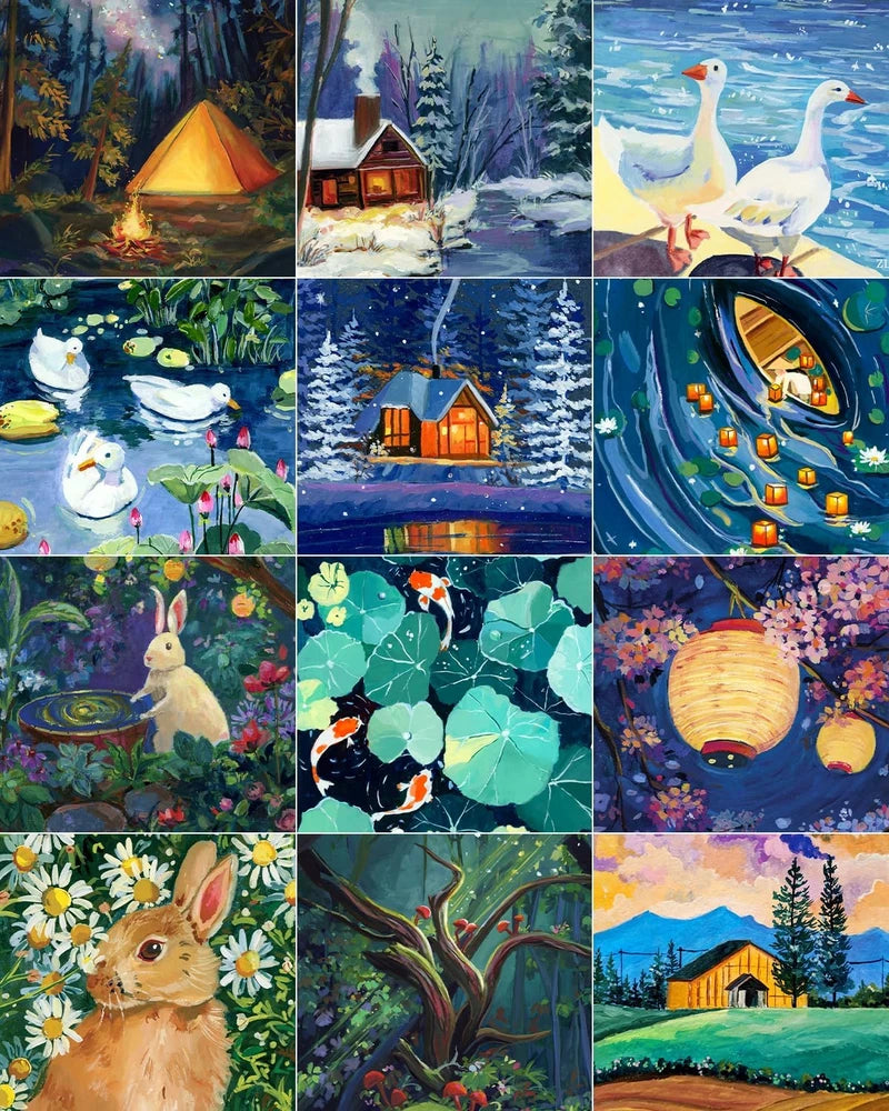 Kaksitoista erilaista Zoe Lee timanttimaalauskuvaa samassa kollaasissa.