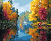 Thumbnail for Numeromaalaus, jossa syksyn värikkäät puut heijastuvat kirkkaaseen järveen.