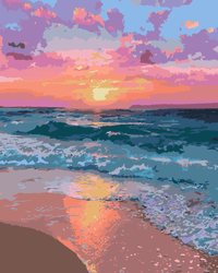 Thumbnail for Numeromaalaus, jossa auringonlasku värjää merenrannan taivaan pinkin, oranssin ja violetin sävyillä.