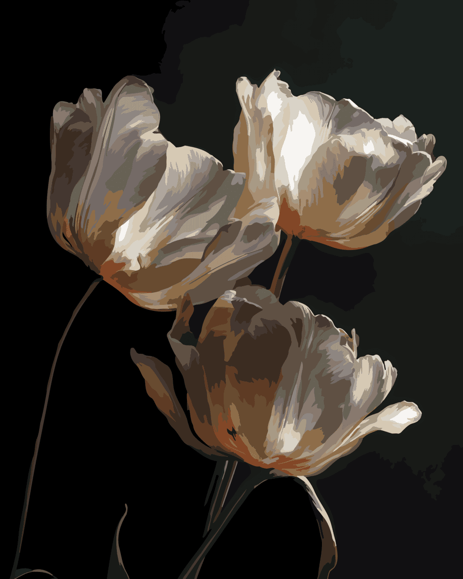 Numeromaalaus, jossa tummasävyiset kukat kohoavat pehmeästi varjoisasta taustasta.