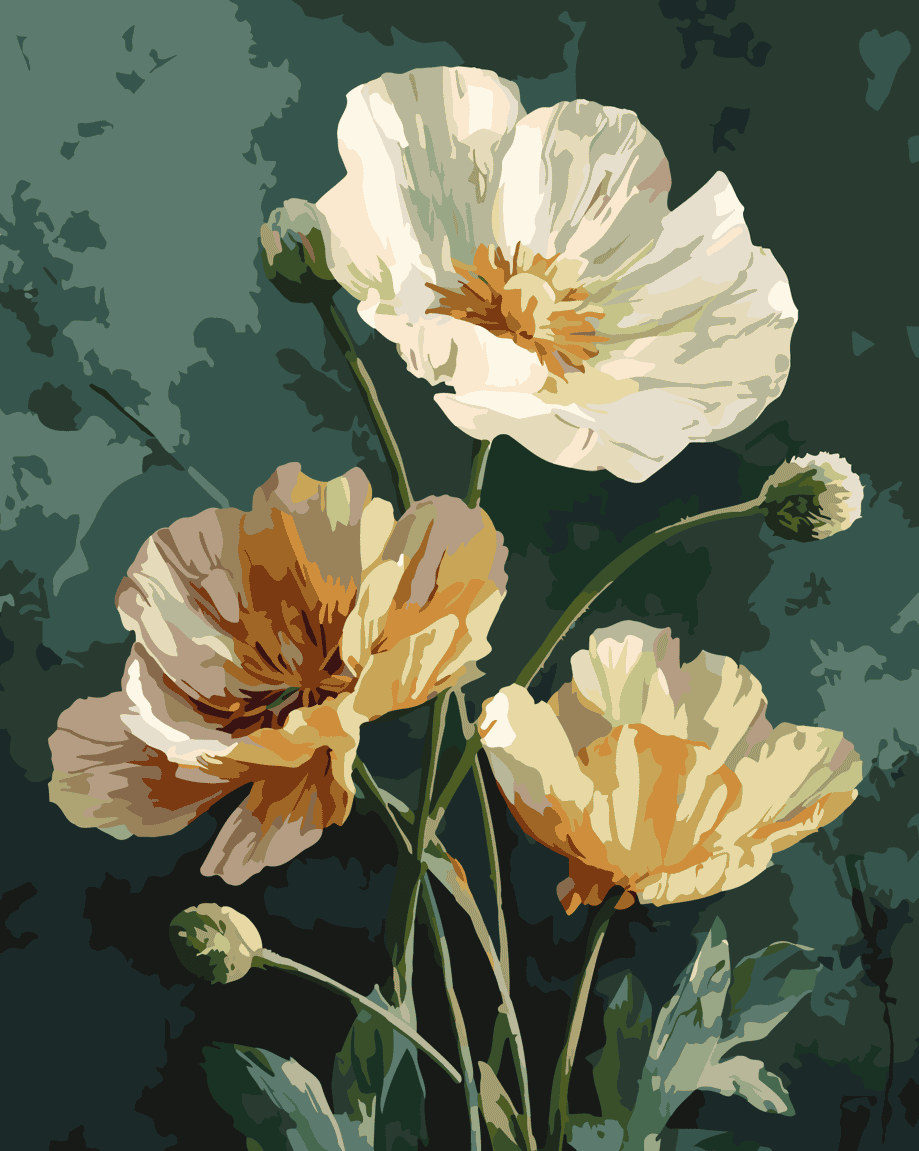 Numeromaalaus, jossa lämpimän sävyiset kukat nousevat vihreää taustaa vasten.