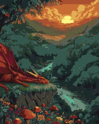 Thumbnail for Majesteettinen punainen lohikäärme lepää kallion reunalla auringonlaskun värjätessä taivaan kullan ja oranssin sävyihin, alla kiemurteleva turkoosi joki ja rehevä laakso.