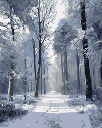 Thumbnail for Numeromaalaus, jossa luminen metsä avautuu valkoisena polkuna puiden välistä.