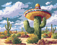 Thumbnail for Suuri kaktus keskellä aavikkoa, päässään värikäs sombrero-hattu.