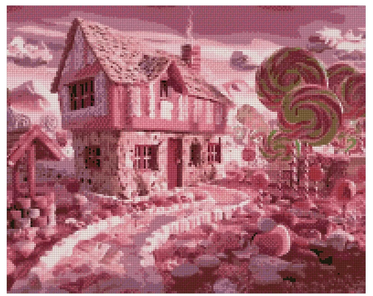 Timanttimaalaus mallikuva – karamellinsävyinen mökki, pyöreät tikkaripuut ja pehmeä pastellimainen maisema luovat sadunomaisen, makean tunnelman.