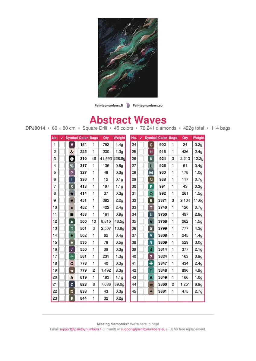 Abstract Waves timanttimaalauksen värikartta – 45 DMC-väriä