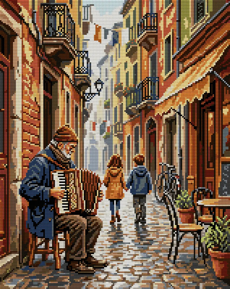 Accordion Player in Old Town Alley, 40x50 cm timanttimaalaus – koko kuvion esikatselu ilman lähikuvaa