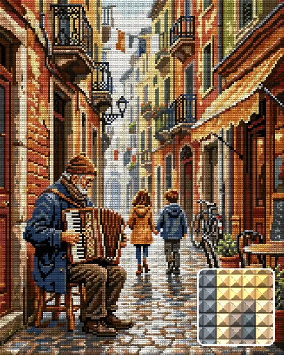 Accordion Player in Old Town Alley, 40x50 cm timanttimaalaus – lopullisen kuvion esikatselu ja lähikuva neliönmuotoisista timanteista