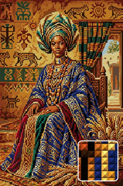 African Queen in Regal Attire, 40x60 cm timanttimaalaus – lopullisen kuvion esikatselu ja lähikuva neliönmuotoisista timanteista