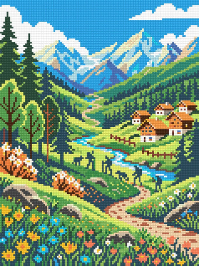 Alpine Village Mountain Valley, 30x40 cm timanttimaalaus – lopullisen kuvion esikatselu