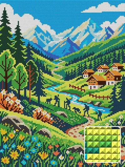 Alpine Village Mountain Valley, 30x40 cm timanttimaalaus – lopullisen kuvion esikatselu ja lähikuva neliönmuotoisista timanteista