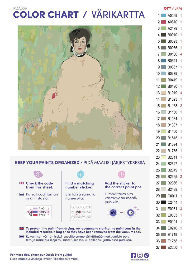 Paint by numbers color chart - Amalie Zuckerkandl - väriluettelo ja ohjeet