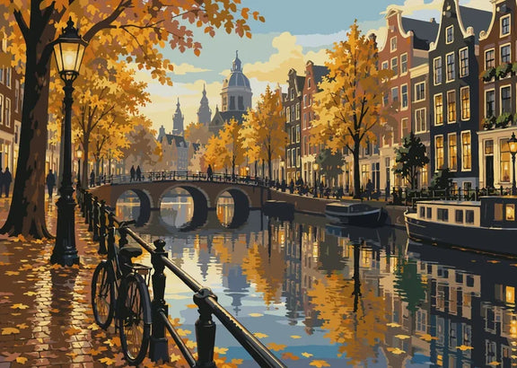 Amsterdam-kanava syksyllä numeromaalaus, silta ja historialliset talot.