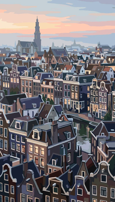 Amsterdamin kattomaisema ja kanavatalot numeromaalaus.