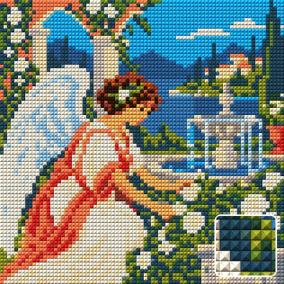 Angel in the Pearl Garden, 20x20 cm timanttimaalaus – lopullisen kuvion esikatselu ja lähikuva neliönmuotoisista timanteista