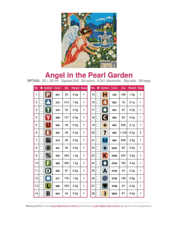 Angel in the Pearl Garden timanttimaalauksen värikartta – 28 DMC-väriä