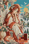 Thumbnail for Angel of the Apricot Dawn, 30x45 cm timanttimaalaus – lopullisen kuvion esikatselu ja lähikuva neliönmuotoisista timanteista