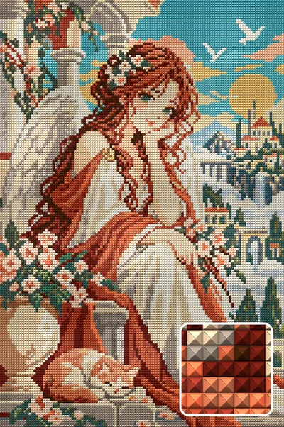 Angel of the Apricot Dawn, 30x45 cm timanttimaalaus – lopullisen kuvion esikatselu ja lähikuva neliönmuotoisista timanteista