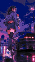 Thumbnail for Anime-tyttö urheiluauton vierellä numeromaalaus, iltainen kaupunkitausta.