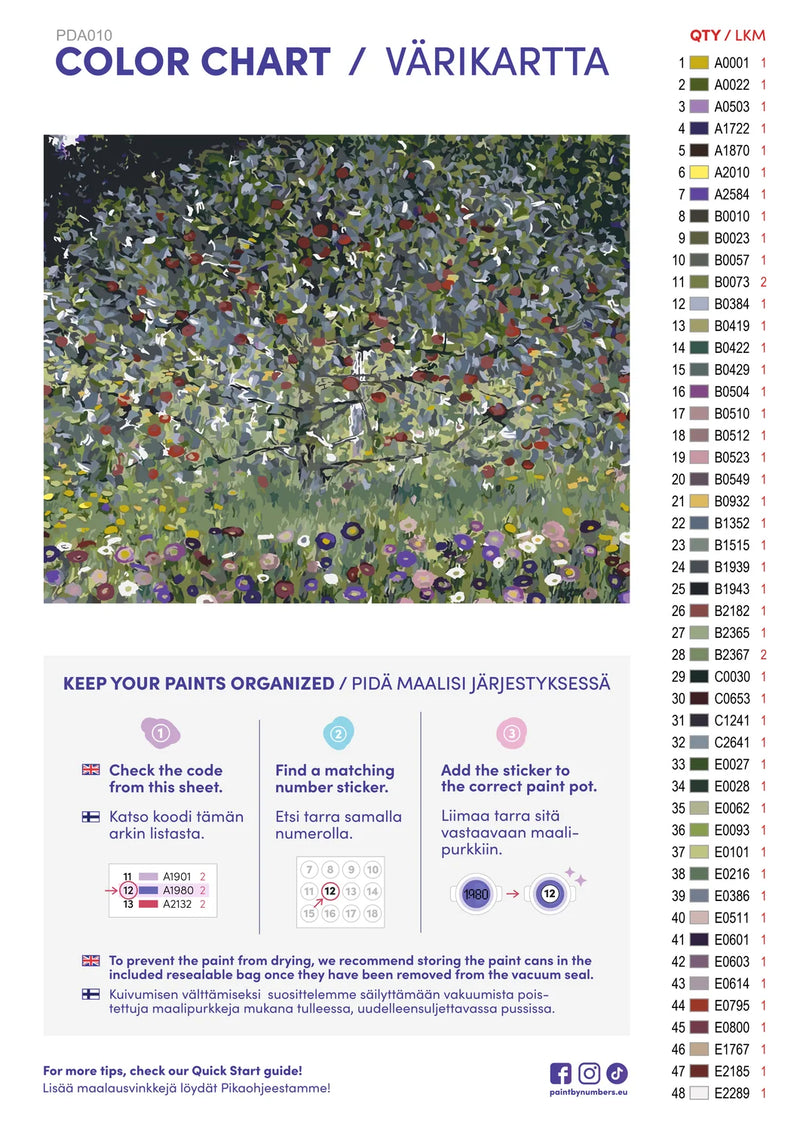 Paint by numbers color chart - Apple Tree, I - väriluettelo ja ohjeet
