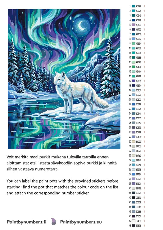 Värikartta ja ohjeet - Arctic Fox and Northern Lights 40x50cm