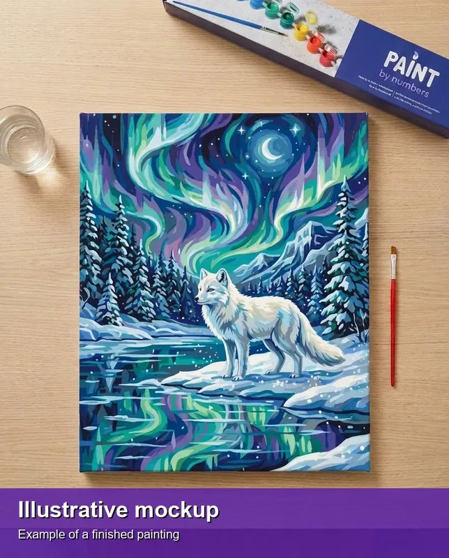 Valmiin numeromaalauksen havainnekuva - Arctic Fox and Northern Lights 40x50cm