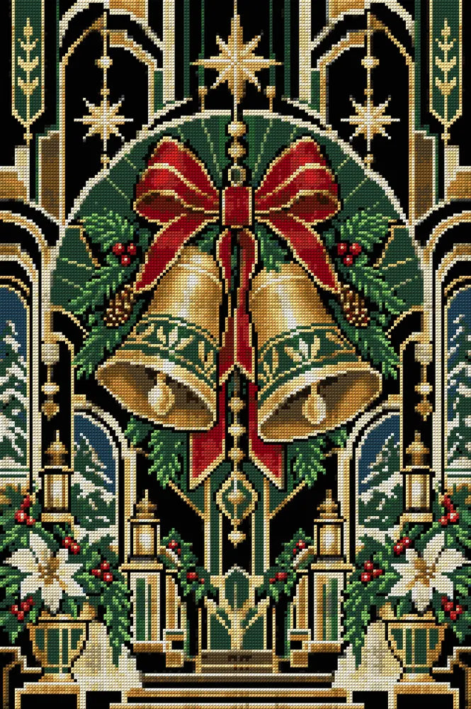 Art Deco Winter Bells, 40x60 cm timanttimaalaus – koko kuvion esikatselu ilman lähikuvaa