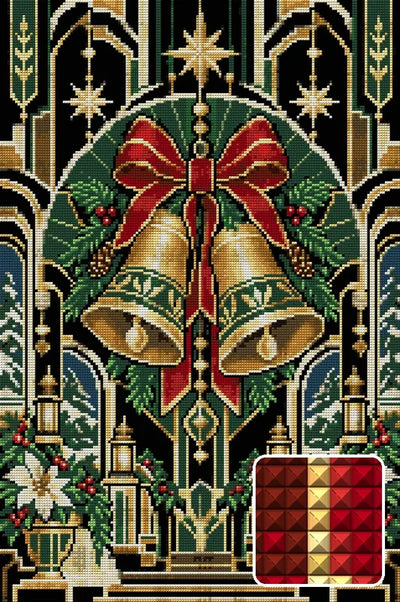 Art Deco Winter Bells, 40x60 cm timanttimaalaus – lopullisen kuvion esikatselu ja lähikuva neliönmuotoisista timanteista