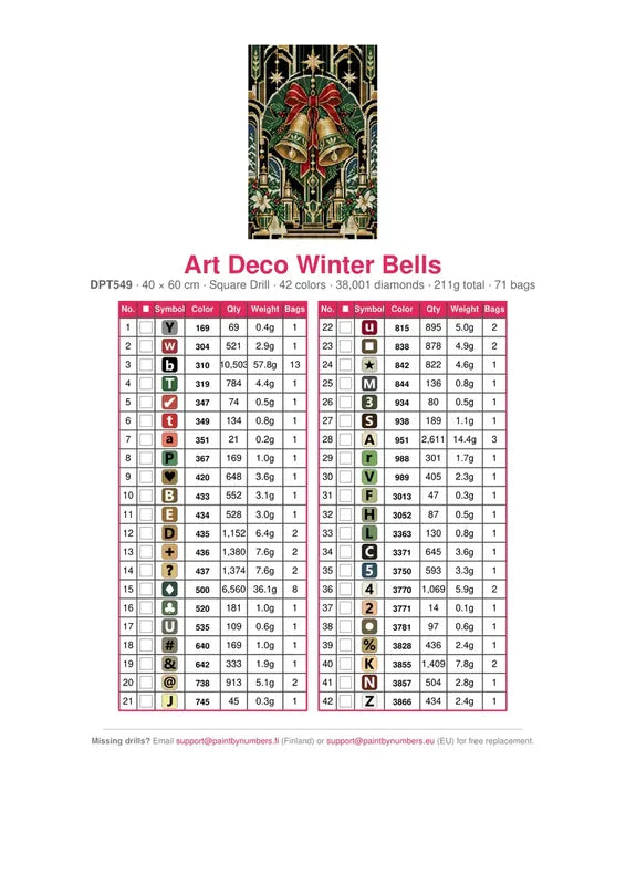 Art Deco Winter Bells timanttimaalauksen värikartta – 42 DMC-väriä